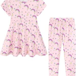 St. Patrick's Day Girls Outfits All Over Print Lucky Clover Pants Set Green Traditional Summer(Rainbow Star Pink)