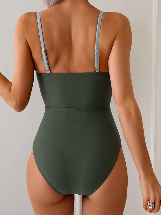Eomenie One Piece Swimsuit for Women Ring Linked Monokini Sexy Bathing Suit Cutout Swim Suit( Green Color Block) - Image 4