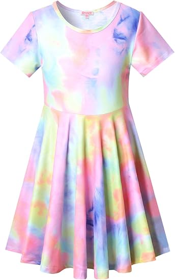 Unicorn Dresses Summer Swing Short Sleeve Casual Clothes for Little Kids( Tie Dye)