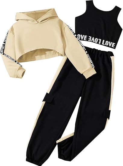 Girls Graphic 3 Piece Outfits Workout Hoodie Crop Tank and Sweatpants Set(Beige Black) - Image 2