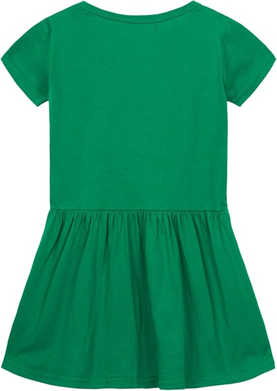 Little Girls Dresses Cotton Summer Holiday Cute Cat Dress Short Sleeve (Green Clover Dinosaur) - Image 3
