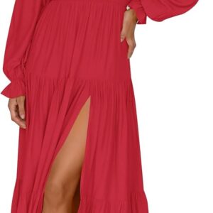 ZESICA Women's Boho Sexy Off Shoulder Long Sleeve Long Maxi Dress(Cherry)