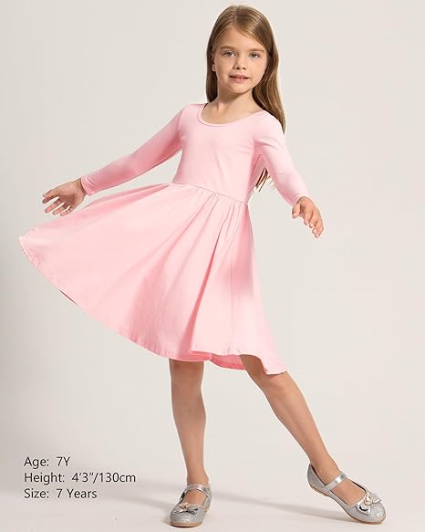 Long Sleeve Girls Dress Toddler White Dresses Skater Twirl Cotton A-Line Dress for School Casual(Pink) - Image 4