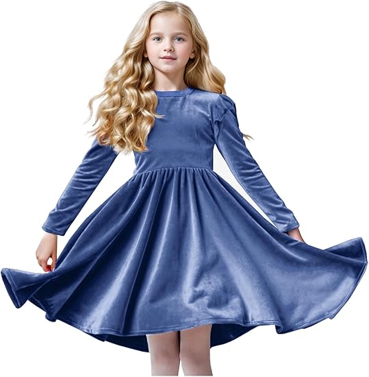 Girls Velvet Dress Ruffled Long Sleeve Casual Spring Fall Dress Princess Christmas Party Dress Winter Outfits (Light blue)