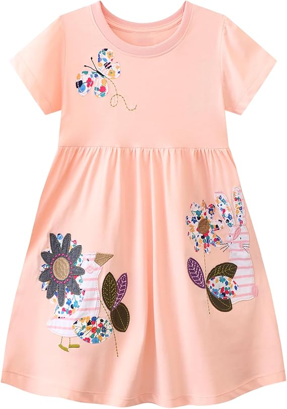 Girls Cotton Embroidery Applique Short Sleeve Dresses(Peach)