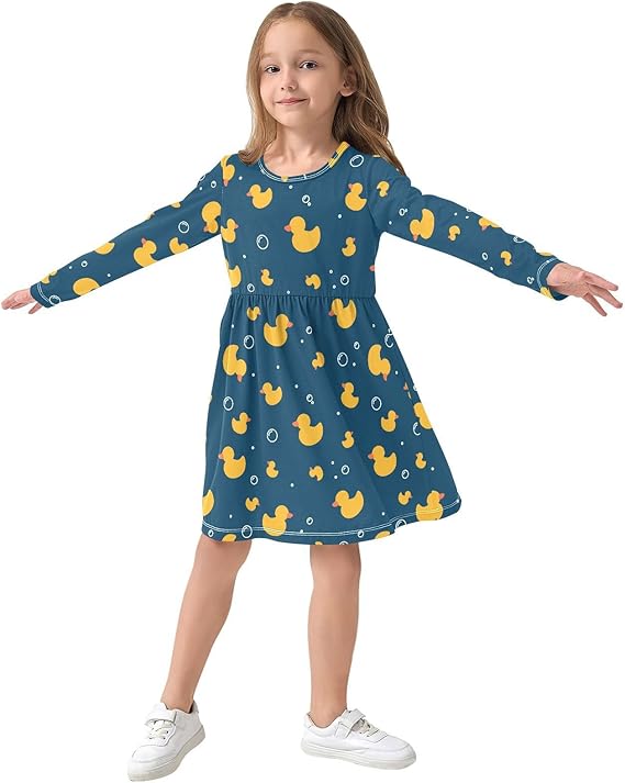 Girl Long Sleeve Dresses Ribbed A-Line Soft Fall Outfits for Girls(Duck Bubble) - Image 3