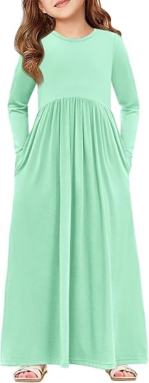 Girls Maxi Dress Long Sleeve Casual Holiday Dress with Pockets(Mint)