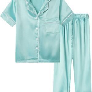 Mud Kingdom Little Girl Satin Silk Pajamas Set Short Sleeve Button Down 2 Piece Summer Loungewear(Mint Green)
