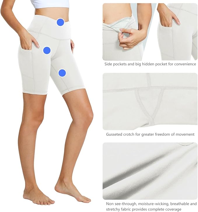 baleaf Women's 8" Biker Shorts High Waist Yoga Workout Gym Running Volleyball Spandex Shorts with Pockets(White-classic) - Image 3