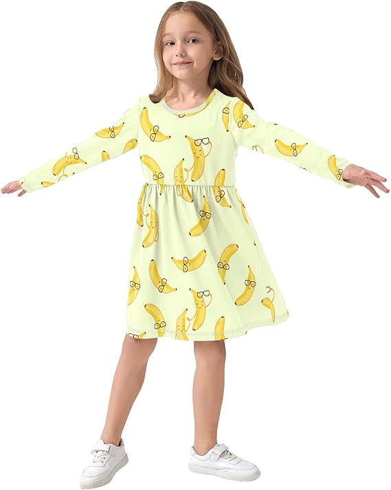 Girl Long Sleeve Dresses Ribbed A-Line Soft Fall Outfits for Girls(Bananas) - Image 4