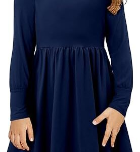 Girls Casual Long Sleeve Dress A Line Flowy Swing Dresses with Pockets (Navy)