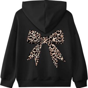 Long Sleeve Hooded Sweatshirt Thick Graphic Hoodie Cute Pullovers Tops(Black and Bow)