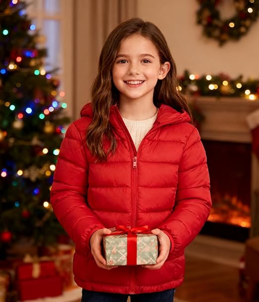 Hooded Puffer Jacket for Girls 4-12T Packable Down-Alternative Warm Coat Shiny Outerwear for Kids Winter (Red) - Image 5