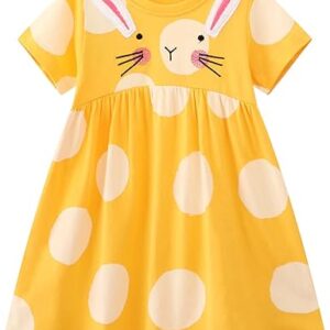 Toddler Girls Short Sleeve Dress Easter Cotton Casual Summer Appliques Shirt Jersey Dresses(yellowbunny)