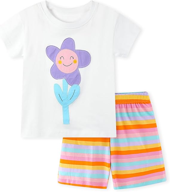 Toddler Girl Summer Short Outfit Sets Cotton Short Sleeve Tops Tees Shorts Clothing Sets(whitestripeflower)