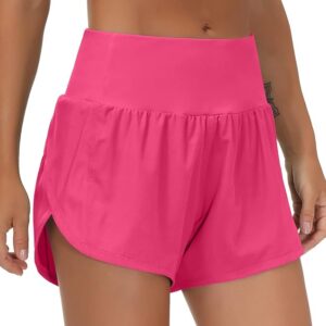THE GYM PEOPLE Womens High Waisted Running Shorts Quick Dry Athletic Workout Shorts with Mesh Liner Zipper Pockets( Bright Pink)
