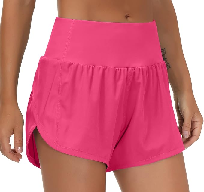 THE GYM PEOPLE Womens High Waisted Running Shorts Quick Dry Athletic Workout Shorts with Mesh Liner Zipper Pockets( Bright Pink)