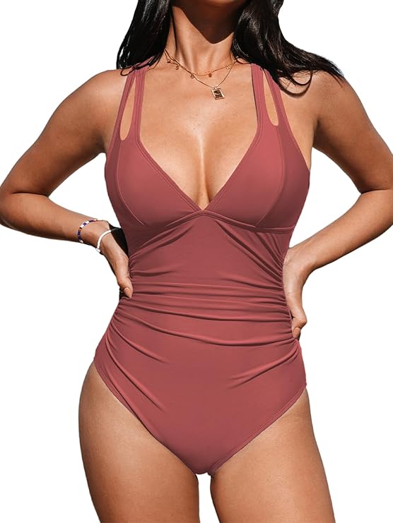 CUPSHE Women's One Piece Swimsuit Tummy Control Deep V Neck Double Straps Crisscross Back Tie Bathing Suit(Brick Red)