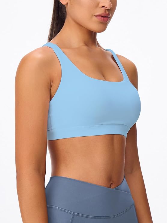Women's Strappy Sports Bras Light Compression Crop Criss Cross Back Padded Workout Yoga Bra Supportive U Neckline( Light Blue) - Image 4