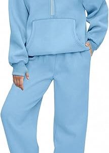 Girls 2 Piece Outfits Tracksuit Drop Shoulder Hoodie Half Zip Sweatshirt and Sweatpants Joggers Set with Pockets(Light blue)