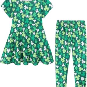 St. Patrick's Day Girls Outfits All Over Print Lucky Clover Pants Set Green Traditional Summer(Clover green)