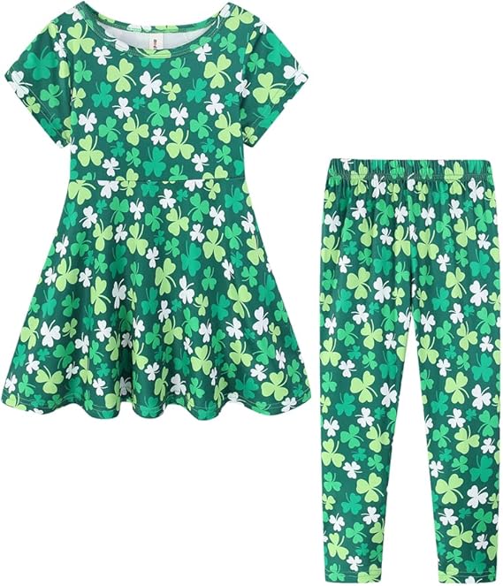 St. Patrick's Day Girls Outfits All Over Print Lucky Clover Pants Set Green Traditional Summer(Clover green)