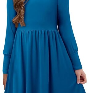 Girls Casual Long Sleeve Dress A Line Flowy Swing Dresses with Pockets (Peacock blue)