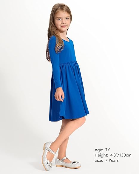 Long Sleeve Girls Dress Toddler White Dresses Skater Twirl Cotton A-Line Dress for School Casual(Blue) - Image 5