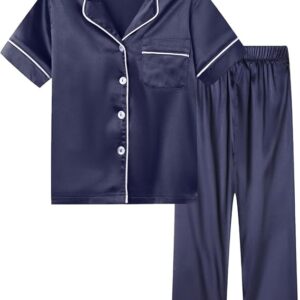 Mud Kingdom Little Girl Satin Silk Pajamas Set Short Sleeve Button Down 2 Piece Summer Loungewear(Navy Blue)