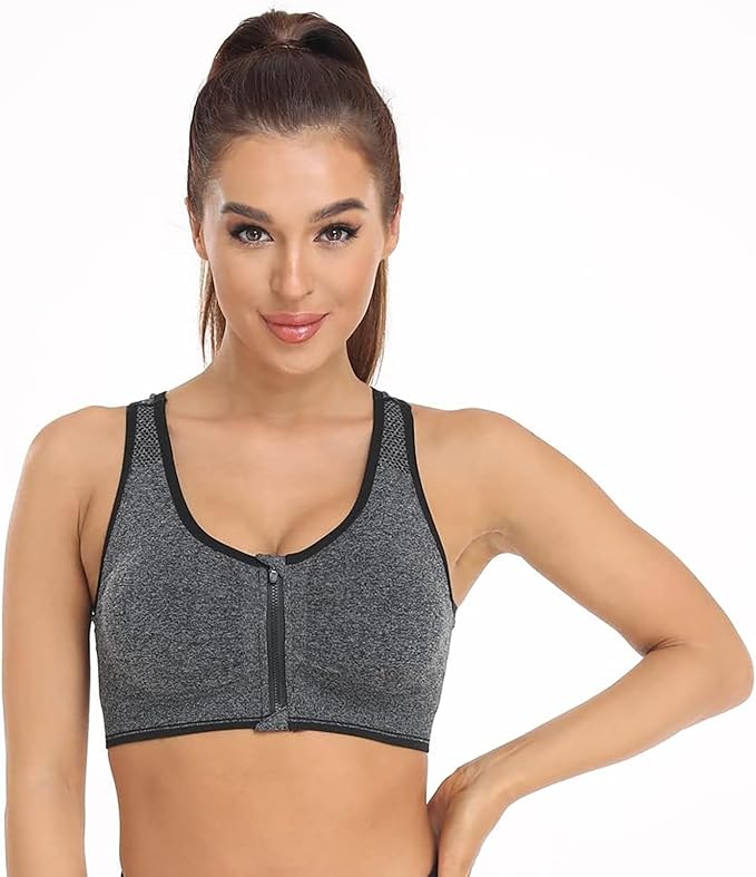 Women's Zip Front Sports Bra Wireless Post-Surgery Bra Active Yoga Sports Bras(Black+grey-2 Pack) - Image 3