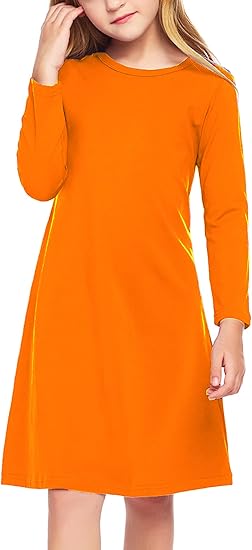 Girls Dress Kids Long Sleeve Solid Color Casual T-Shirt Dress(Orange)