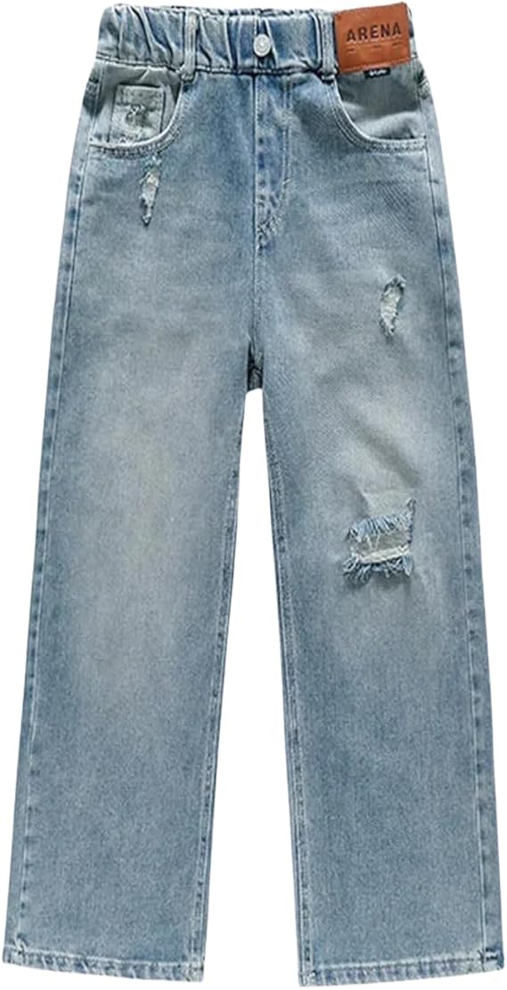 Kids Girls Elastic Waist Cool Ripped Jeans Washed Denim Wide Leg Ripped Denim Jean Age (Pant 3) - Image 3