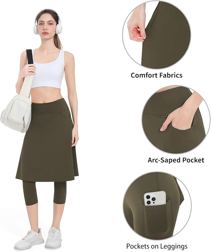 Women Athletic Knee Length Skirts with Leggings,Yoga Skorts Leggings( Army Green)