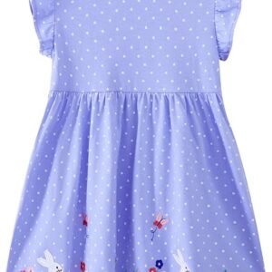 Girls Cotton Embroidery Applique Short Sleeve Dresses(blue Rabbit)