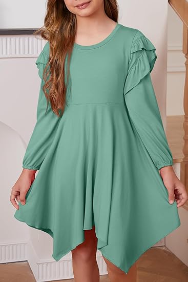 Girls Long Sleeve High Low Dresses Tween Cute Swing Dress (Light green) - Image 5