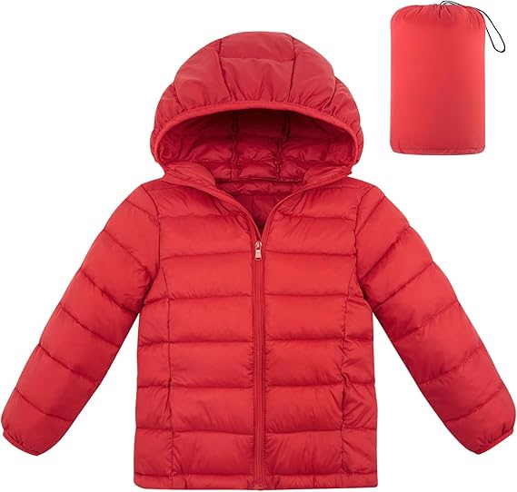 Hooded Puffer Jacket for Girls 4-12T Packable Down-Alternative Warm Coat Shiny Outerwear for Kids Winter (Red)