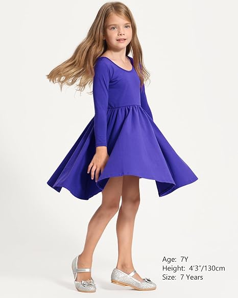 Long Sleeve Girls Dress Toddler White Dresses Skater Twirl Cotton A-Line Dress for School Casual(Royal blue ) - Image 4