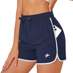 MAGCOMSEN Women's Athletic Shorts with Pockets Quick Dry Lightweight 3.5" Running Gym Workout Shorts Hiking Sport( Navy)