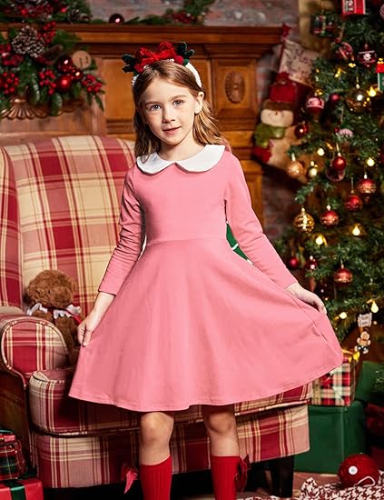 Girls Long Sleeve Dress Casual Vintage Peter Pan Collar Swing Party Dress(Pink) - Image 4
