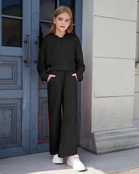 Girls 2 Piece Outfits Hoodie Zip Drop Shoulder Sweatshirt and Sweatpants Set with Pockets Sweatsuit Fall Clothes(Black) - Image 3