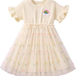 Toddler Girl Cotton Casual Dress Cartoon Appliques Short Sleeve Tunic Jersey Clothing(Apricot&rainbow)