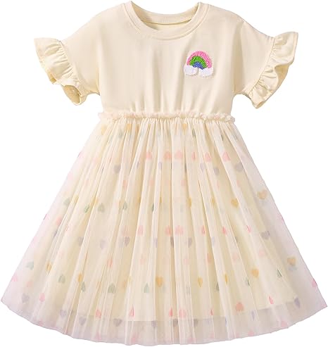 Toddler Girl Cotton Casual Dress Cartoon Appliques Short Sleeve Tunic Jersey Clothing(Apricot&rainbow)