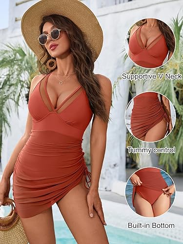 Blooming Jelly Women One Piece Swim Dress Tummy Control Swimsuits (Brick Red) - Image 3