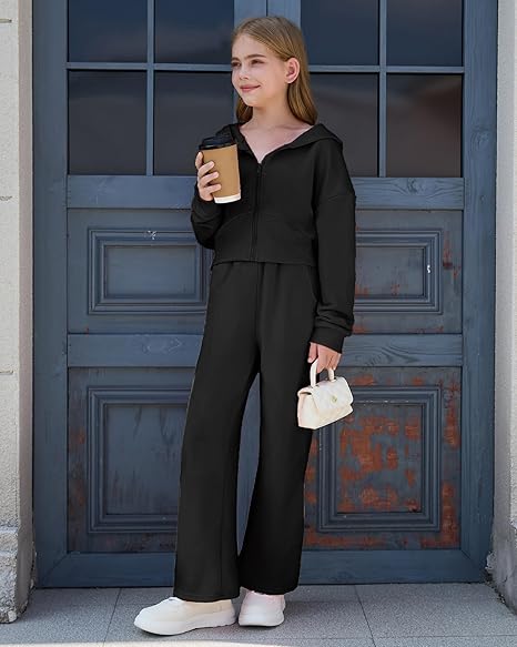 Girls 2 Piece Outfits Hoodie Zip Drop Shoulder Sweatshirt and Sweatpants Set with Pockets Sweatsuit Fall Clothes(Black) - Image 4