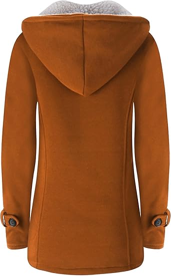 Womens Fashion Horn Button Fleece Thicken Coat with Hood Winter Warm Jacket (Brown) - Image 4