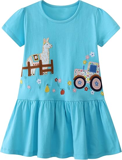 Toddler Girl Cotton Casual Dress Cartoon Appliques Short Sleeve Tunic Jersey Clothing(Alpaca&truck)