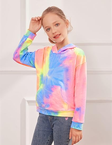 Girls Tie Dye Sweatshirts Loose Casual Hoodies Long Sleeve Pullover Hooded Tops With Pockets (Mix 2) - Image 3
