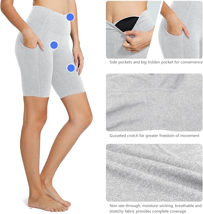 baleaf Women's 8" Biker Shorts High Waist Yoga Workout Gym Running Volleyball Spandex Shorts with Pockets(Light Grey-classic) - Image 4