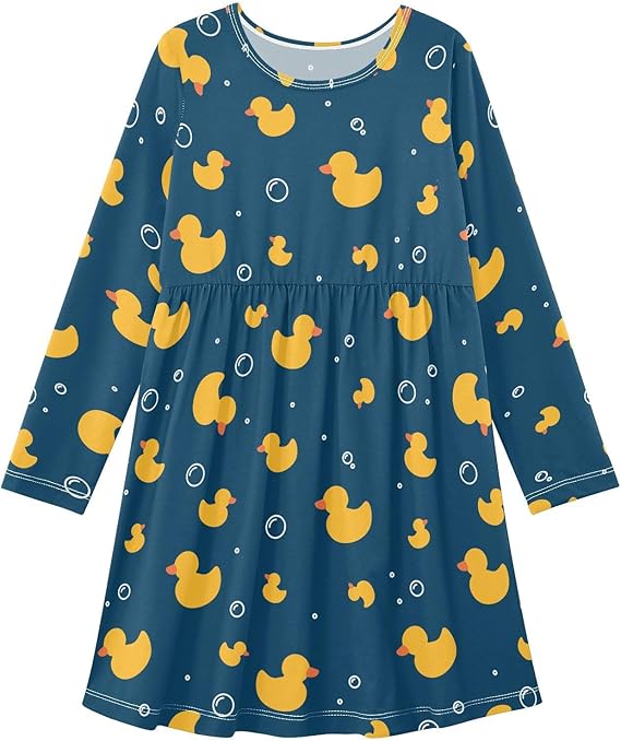 Girl Long Sleeve Dresses Ribbed A-Line Soft Fall Outfits for Girls(Duck Bubble)