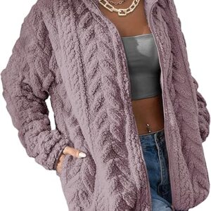 Winter Fleece Jacket for Women 2025 Zipper Stand Collar Casual Coats with Pockets (Purple)